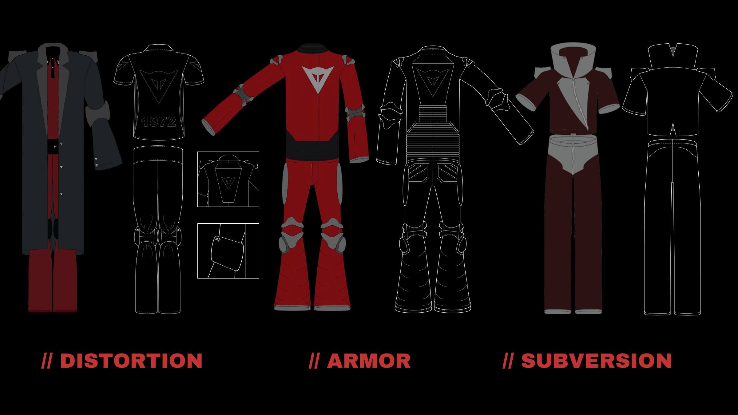 Technical flat drawings of the collection: long black coat, red racing suit, and grey-and-burgundy armored trouser look