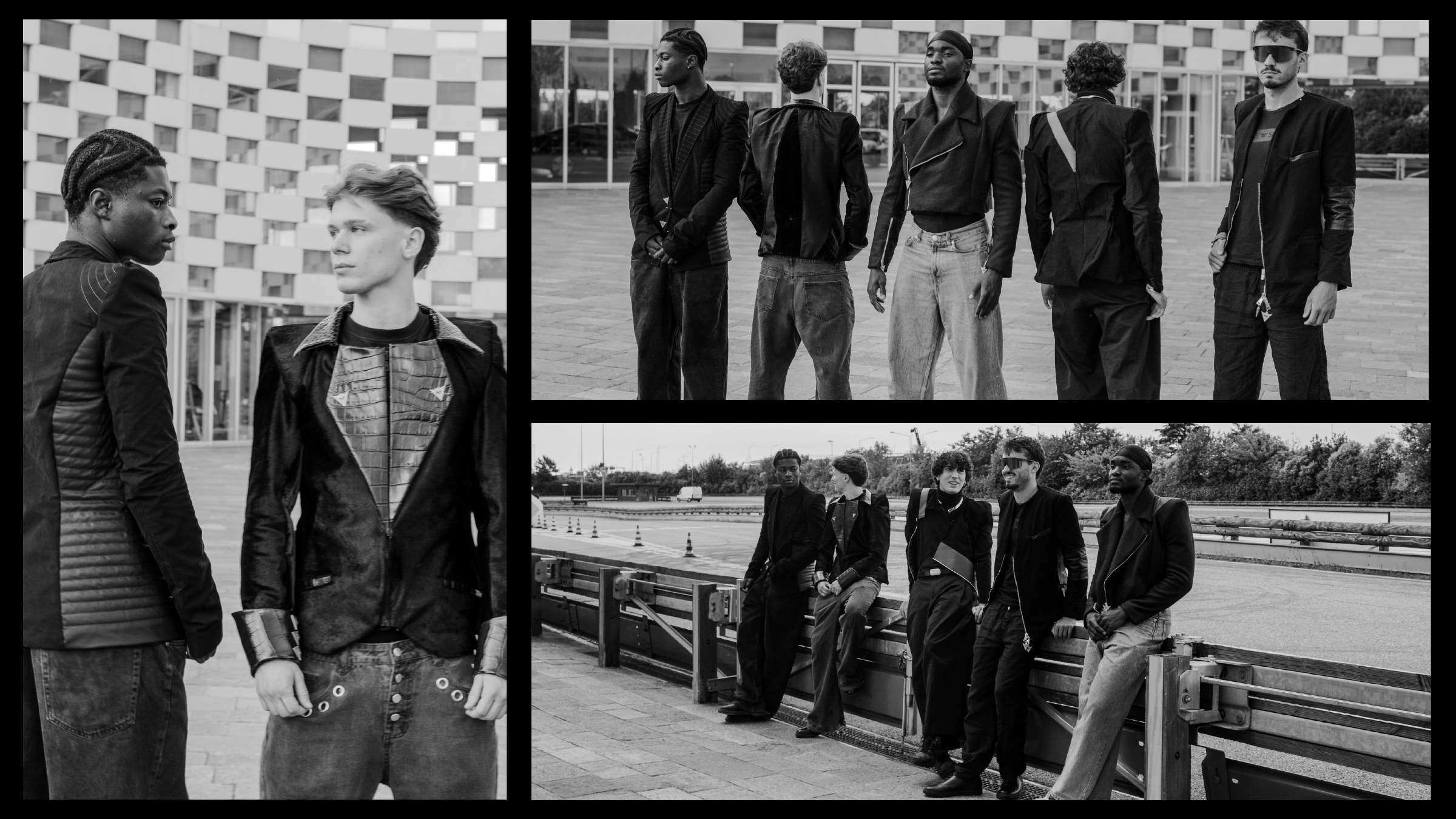 Editorial black-and-white photo grid: crocodile-panel blazer, armored shoulder jackets and group shots on a test track