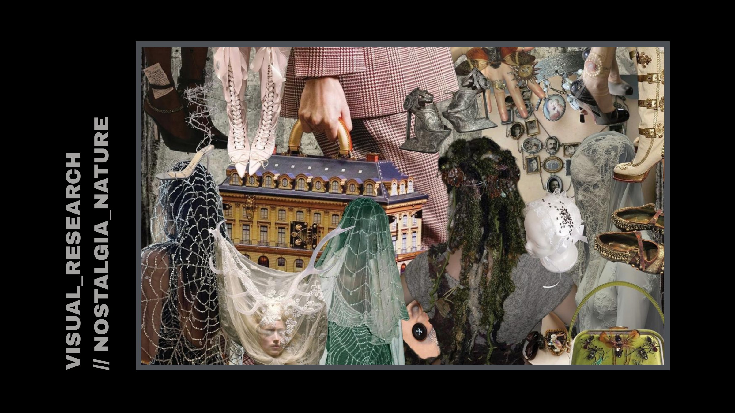 Visual research collage: nostalgic couture references with lace veils, cobweb beading, antique lockets and vintage footwear