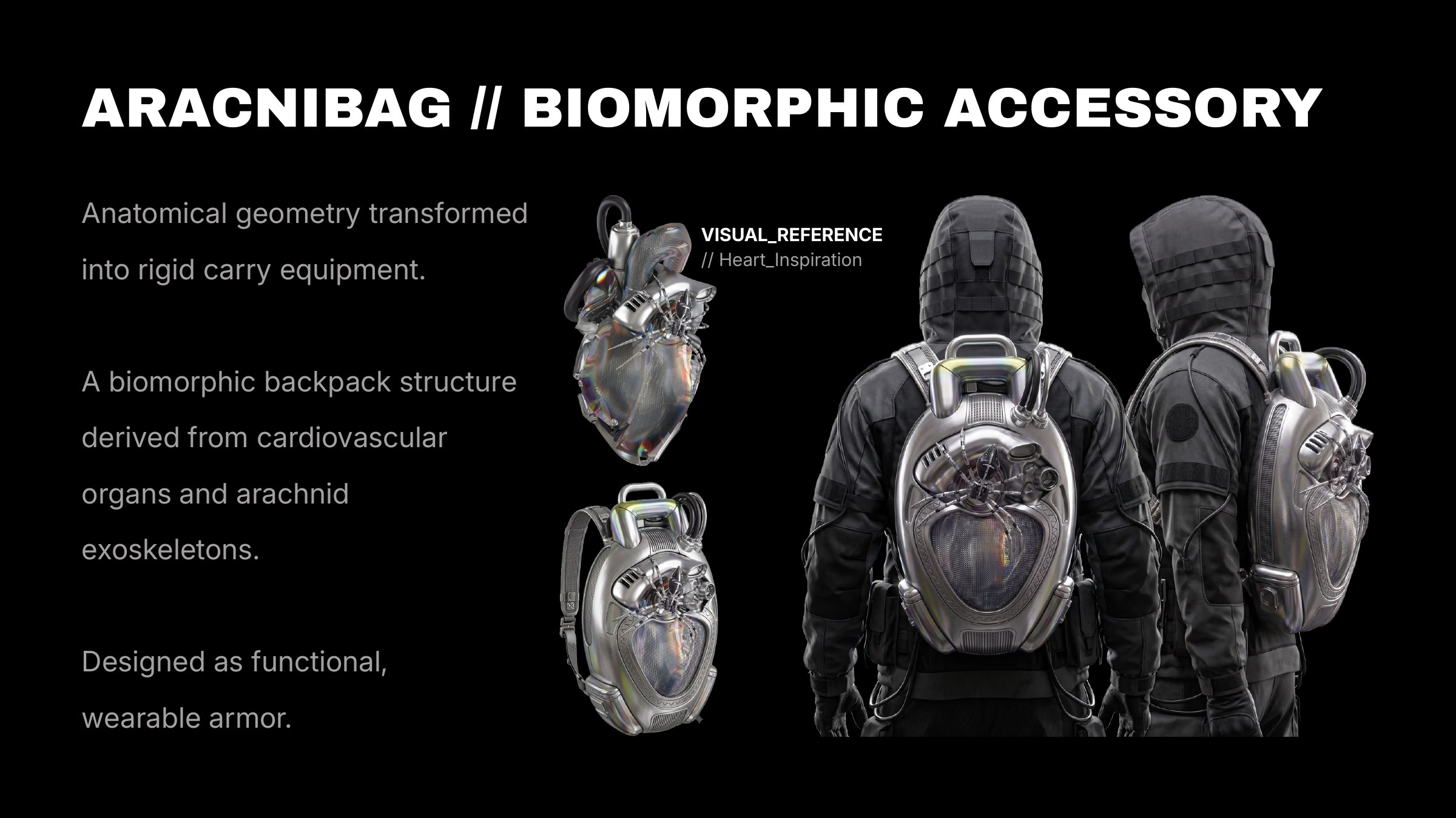 Aracnibag biomorphic accessory: chrome heart-and-arachnid hard-shell backpack renders worn over black tactical outerwear, with the anatomical heart reference