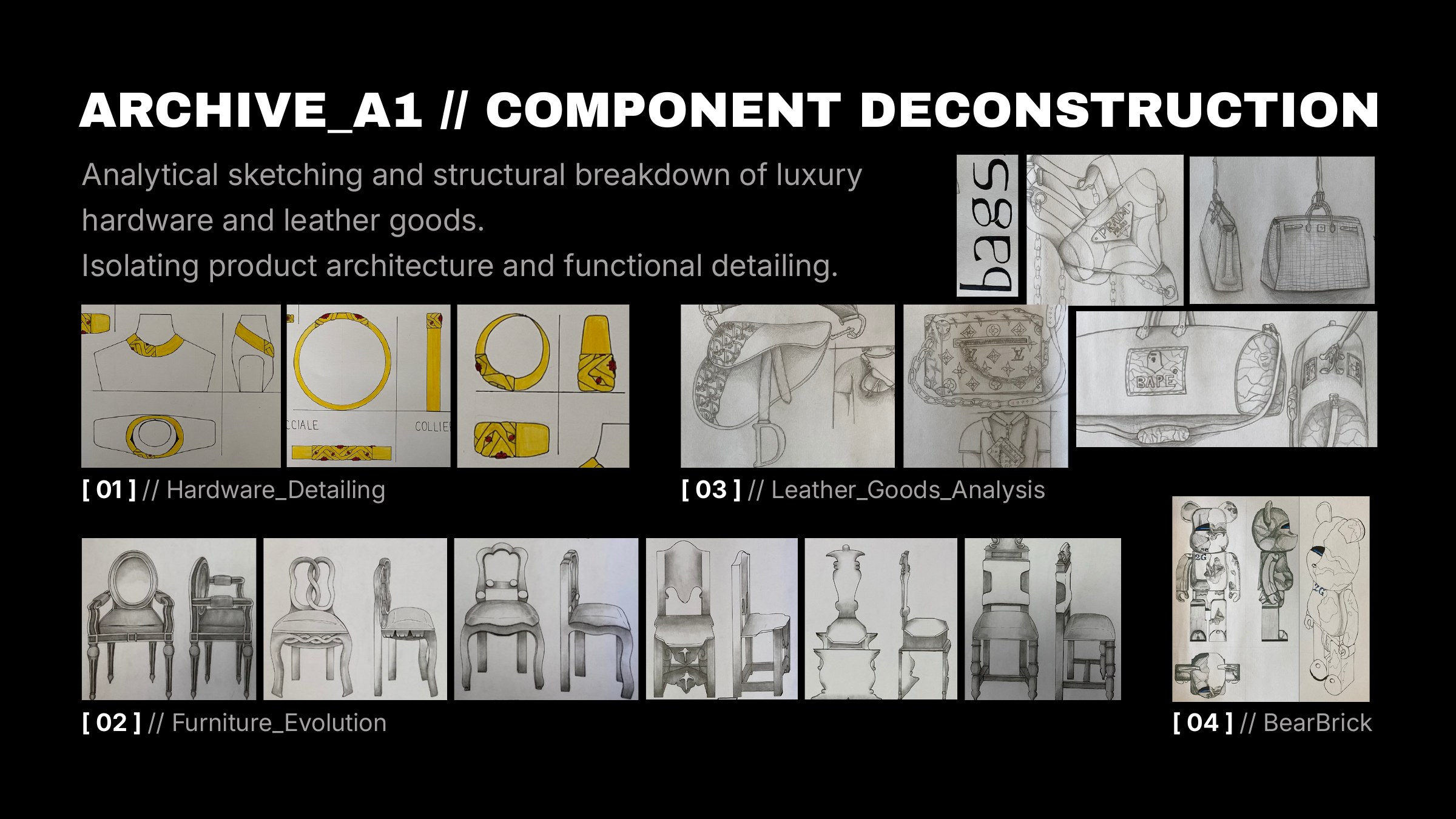 Component deconstruction board: pencil analyses of luxury bags and jewellery hardware, an evolution of chair typologies and a BearBrick figure study