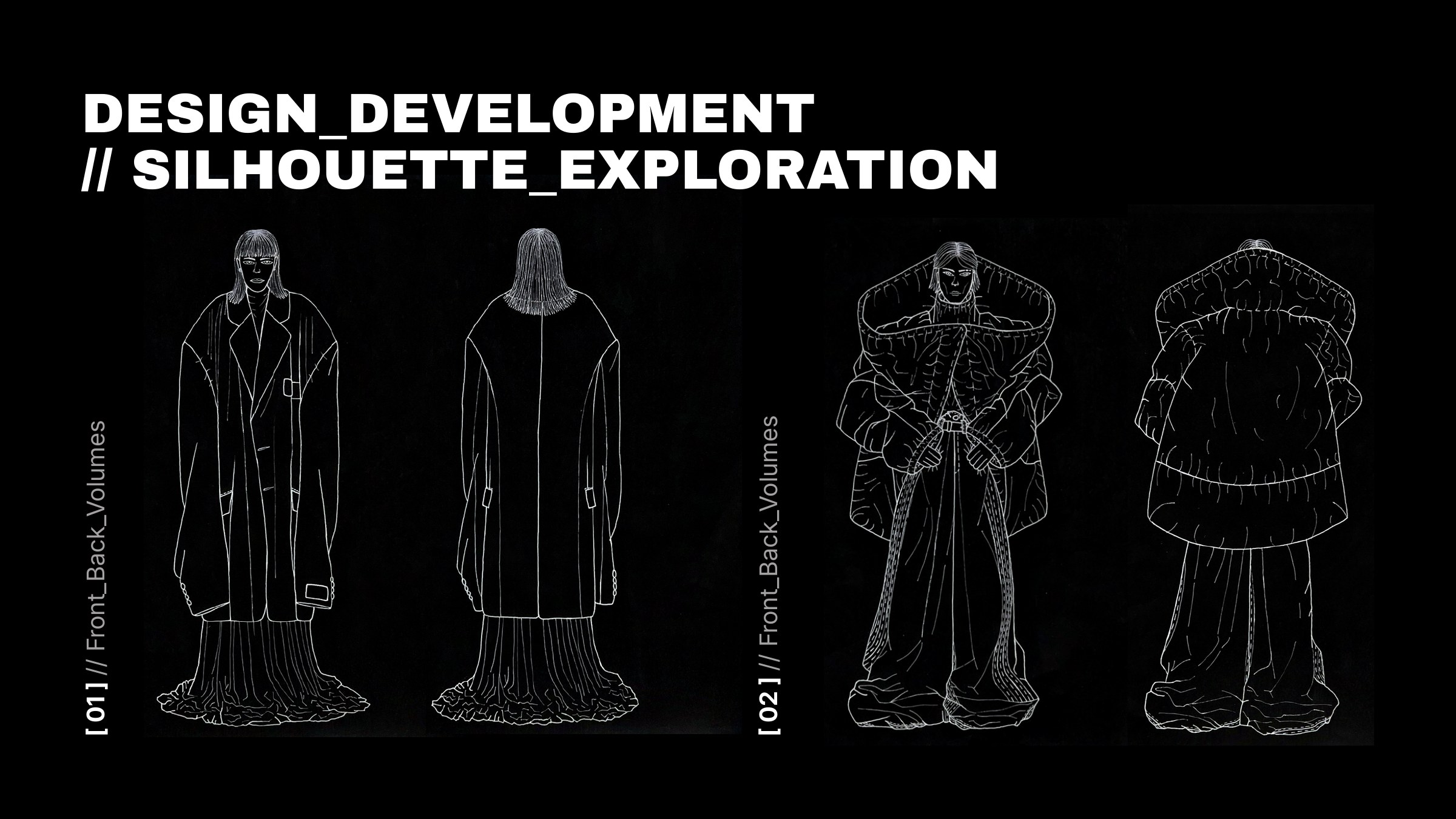 Design development line drawings: oversized belted coat over a pleated floor-length skirt and a fur-collared parka look, front and back volumes