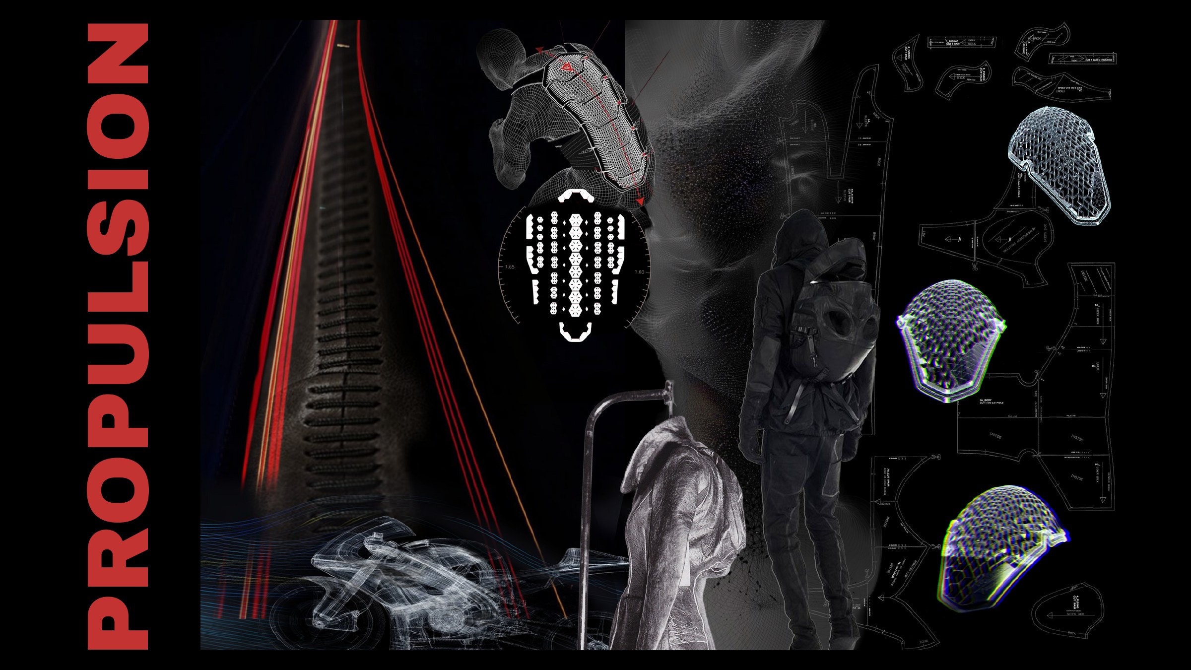 Propulsion research board: back protector mesh, aerodynamic motorcycle wireframe, 3D-scanned armor shells and flat pattern pieces