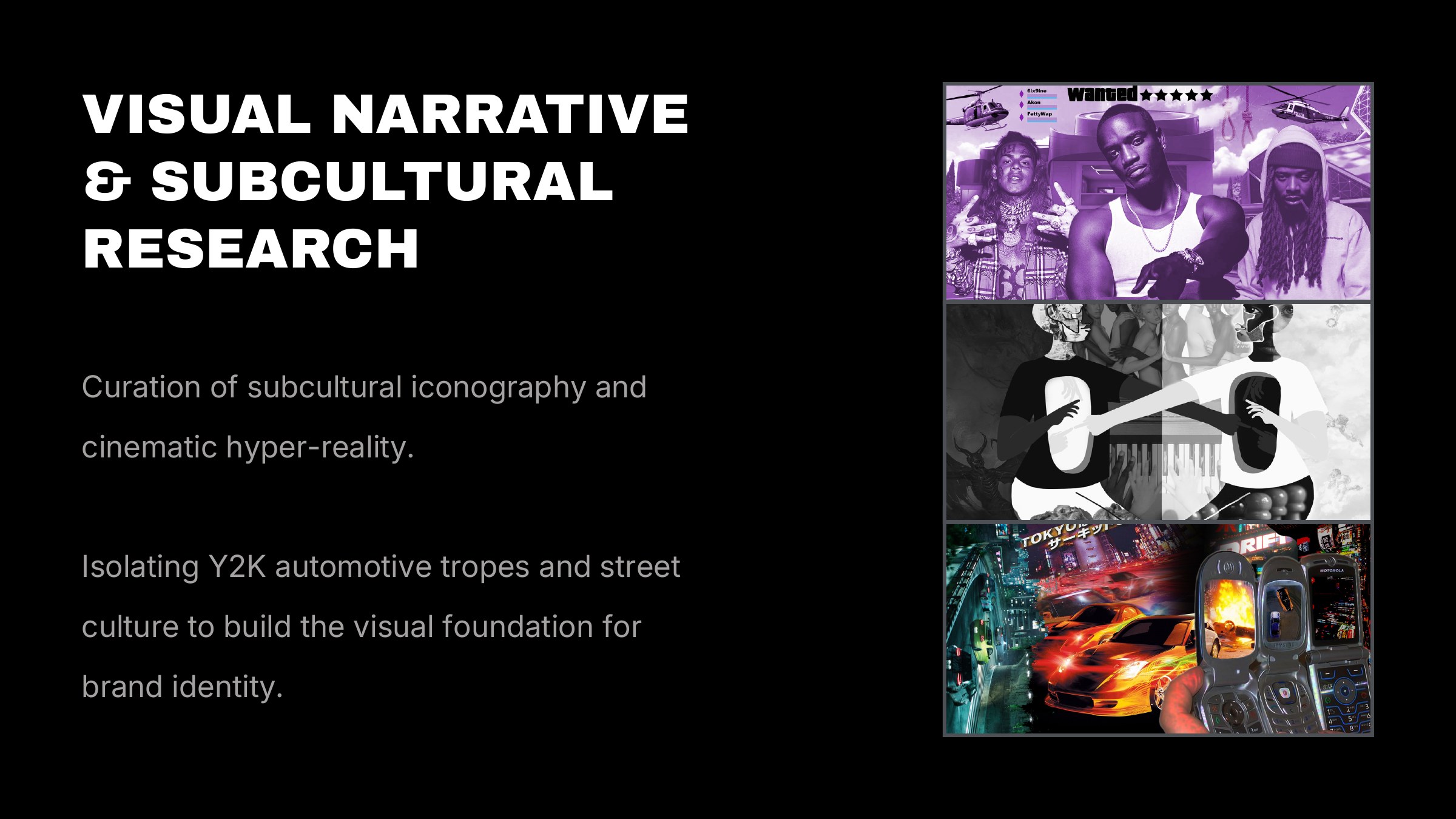 Subcultural research board: purple-toned hip-hop collage, black-and-white graphic figures and Y2K Tokyo street-racing imagery with flip phones