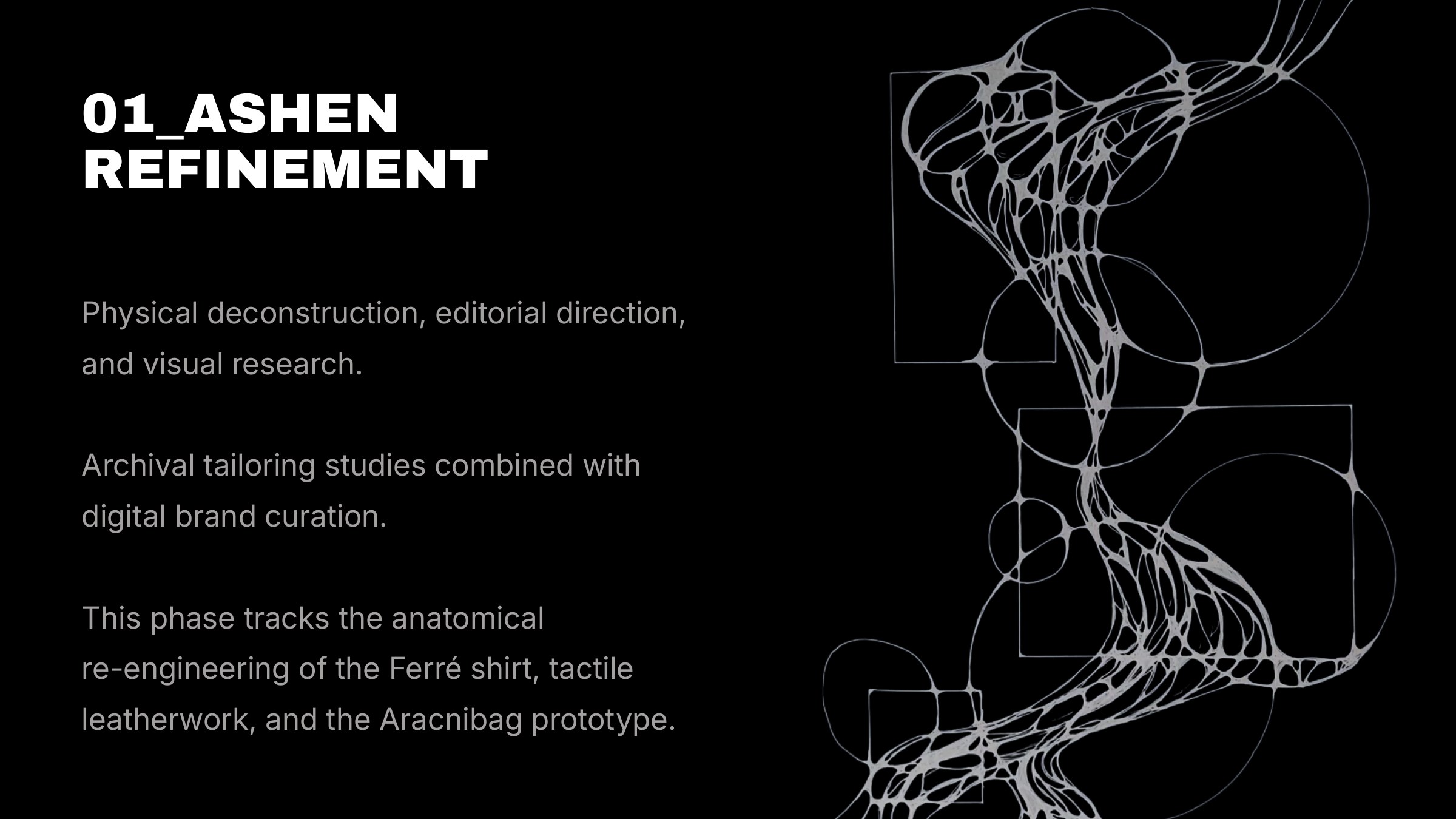 Ashen Refinement cover: white generative line drawing of a web-like biomorphic structure on black, with the collection statement on brand identity and garment deconstruction