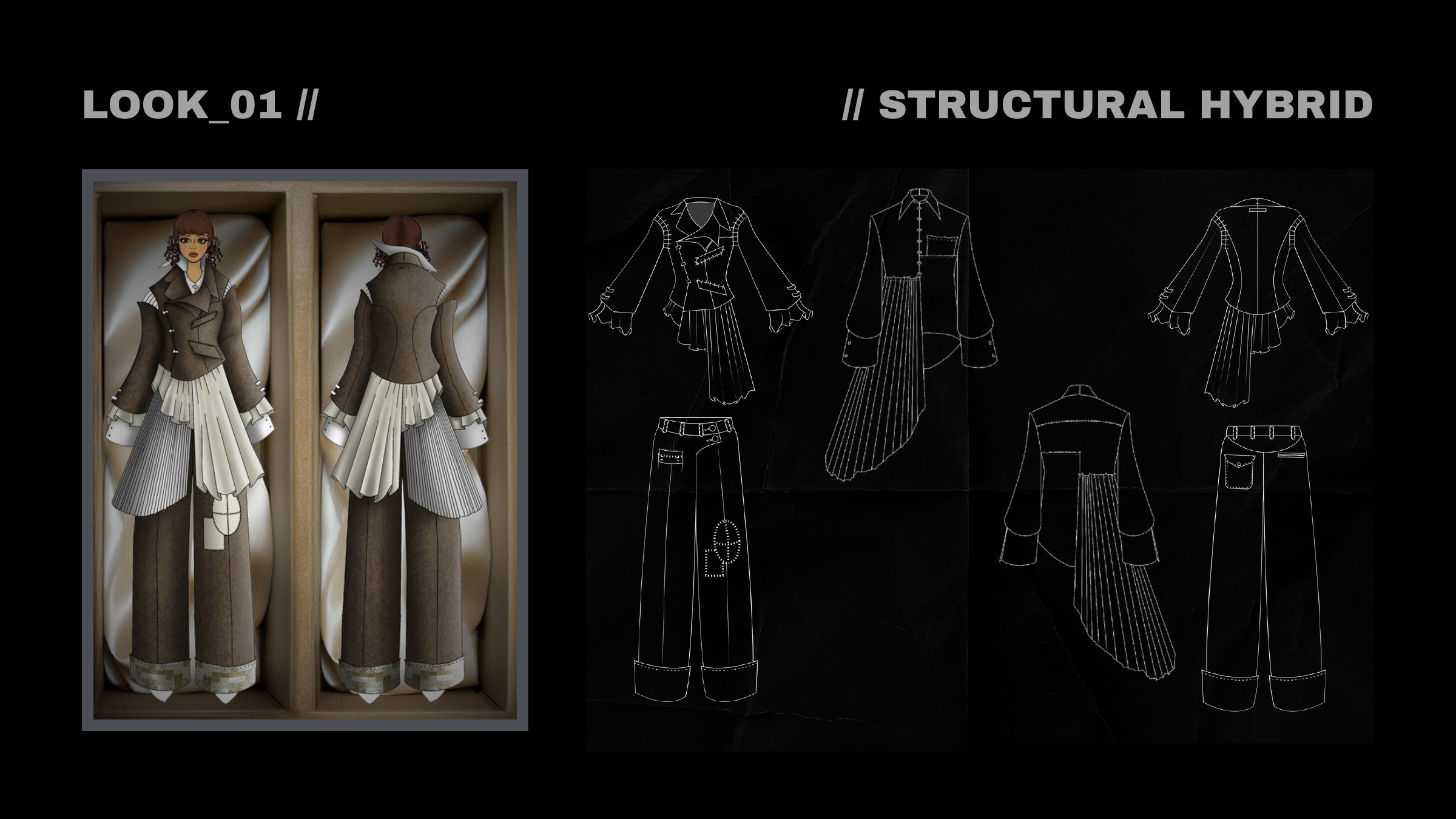 Look 01 Structural Hybrid: brown wool jacket with pleated ivory panels, wide trousers and matching technical flat drawings