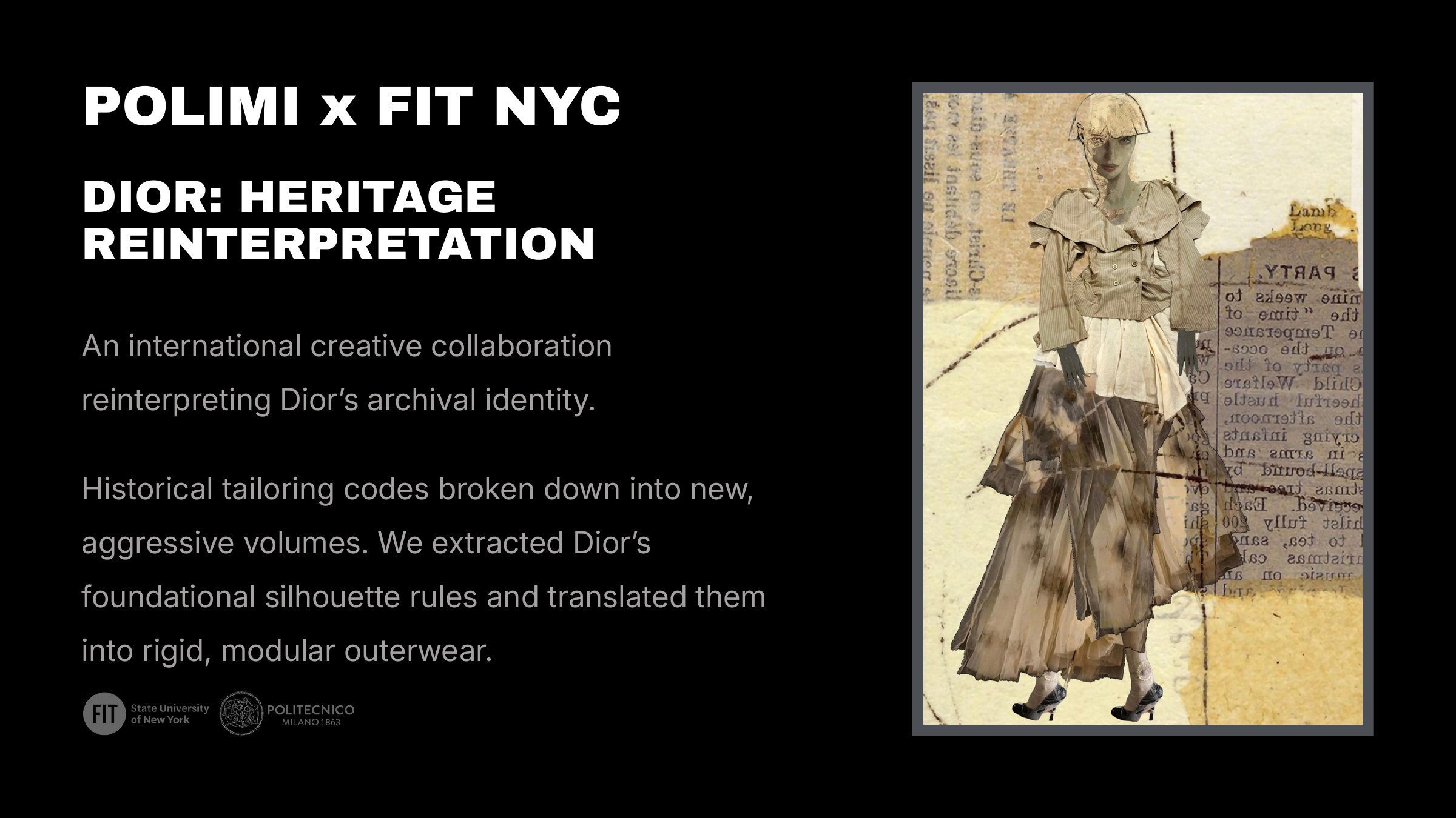 POLIMI x FIT NYC Dior project: collaged illustration of a pleated tulle skirt look on vintage newsprint