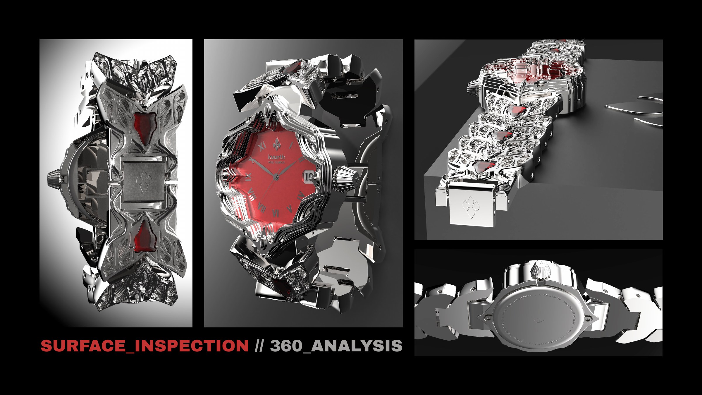 360-degree surface inspection renders of the chrome Kuurth watch with red dial and sculpted bracelet links