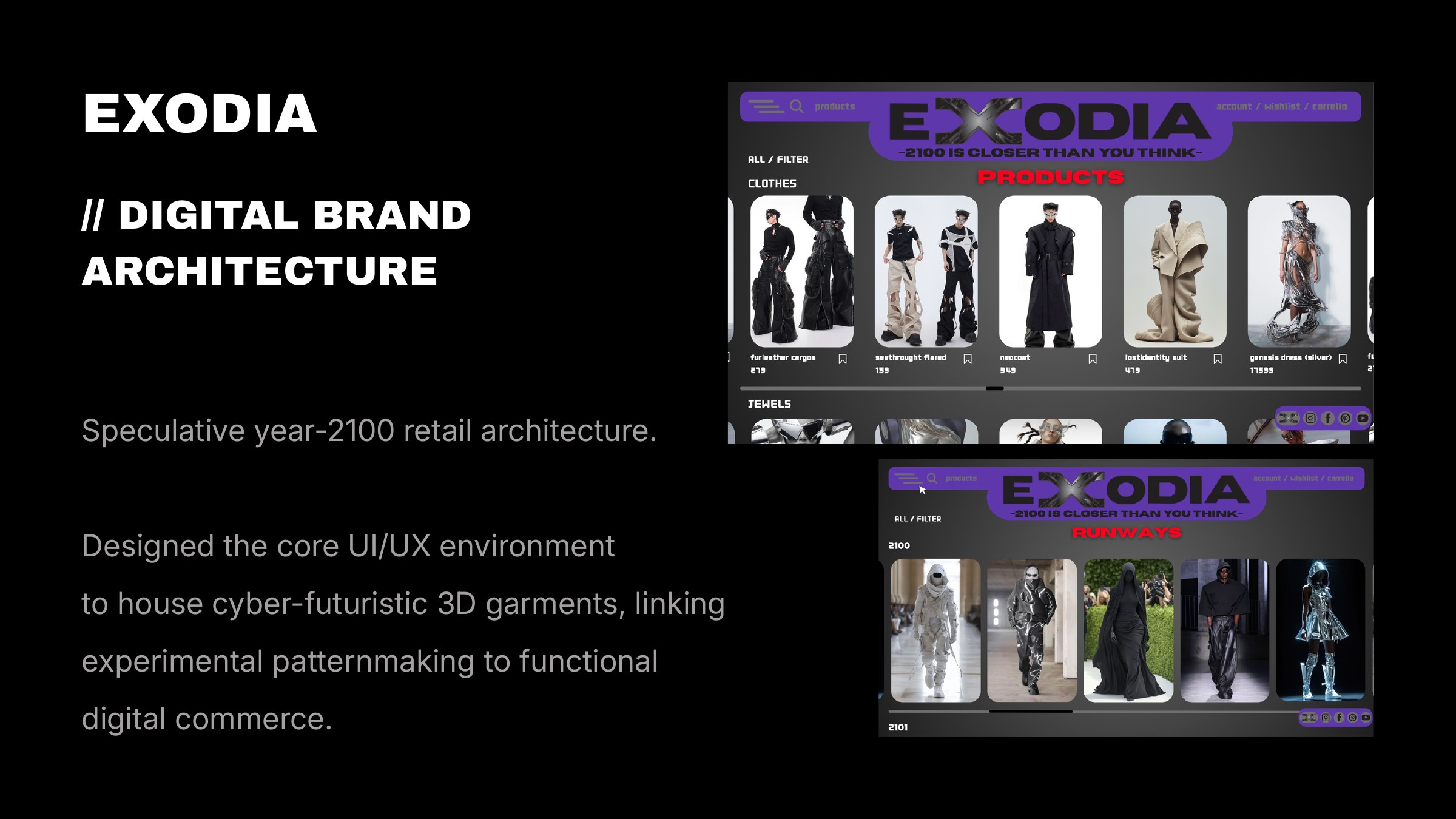 EXODIA digital brand architecture: purple-and-black e-commerce interface mockups showing speculative 2100 garments, jewels and runway looks