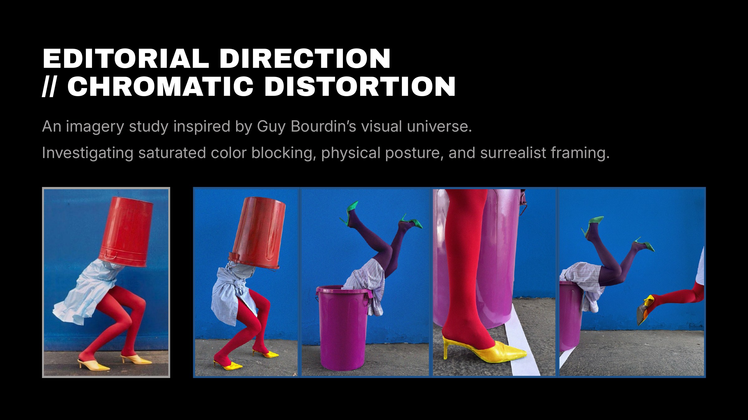 Editorial direction study inspired by Guy Bourdin: red bin over a model's head, saturated red and purple tights, yellow heels against a cobalt blue wall