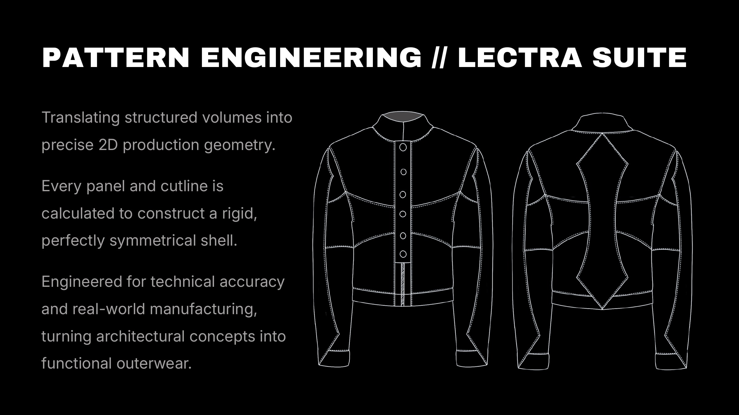 Architectural pattern engineering in Lectra: technical flats of the hybrid jacket front and back with seam and dart lines