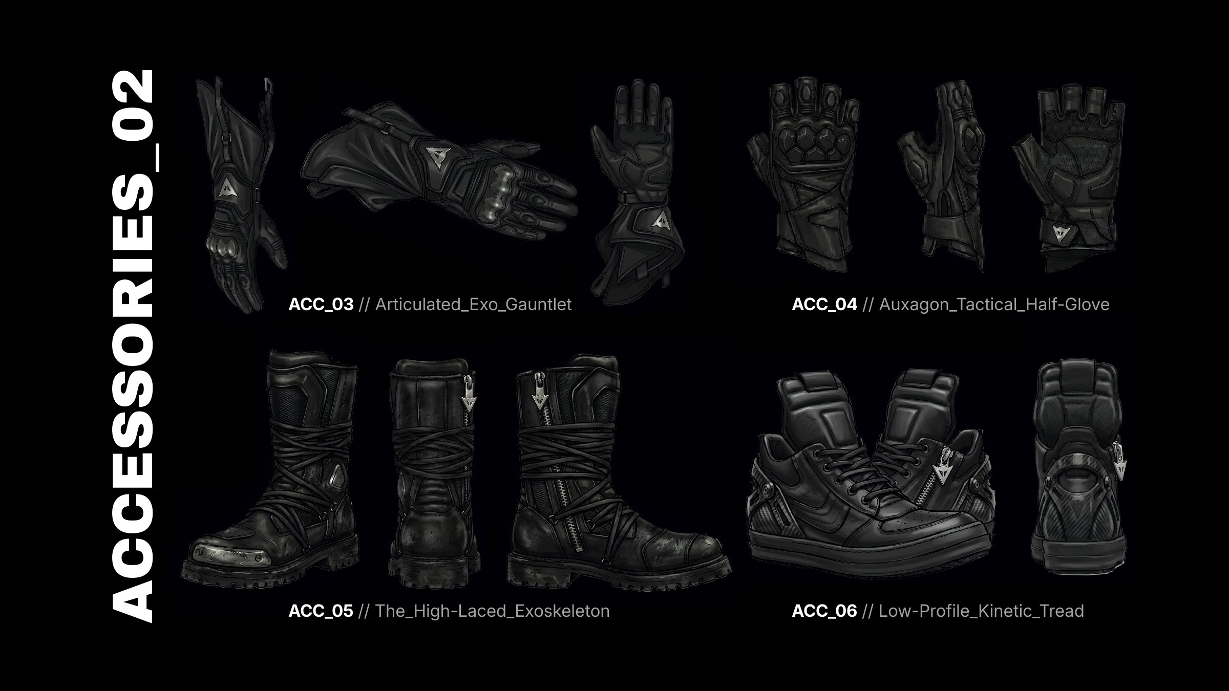 Accessories board: articulated leather exo-gauntlets, tactical half-gloves, high-laced combat boots and low-profile armored sneakers