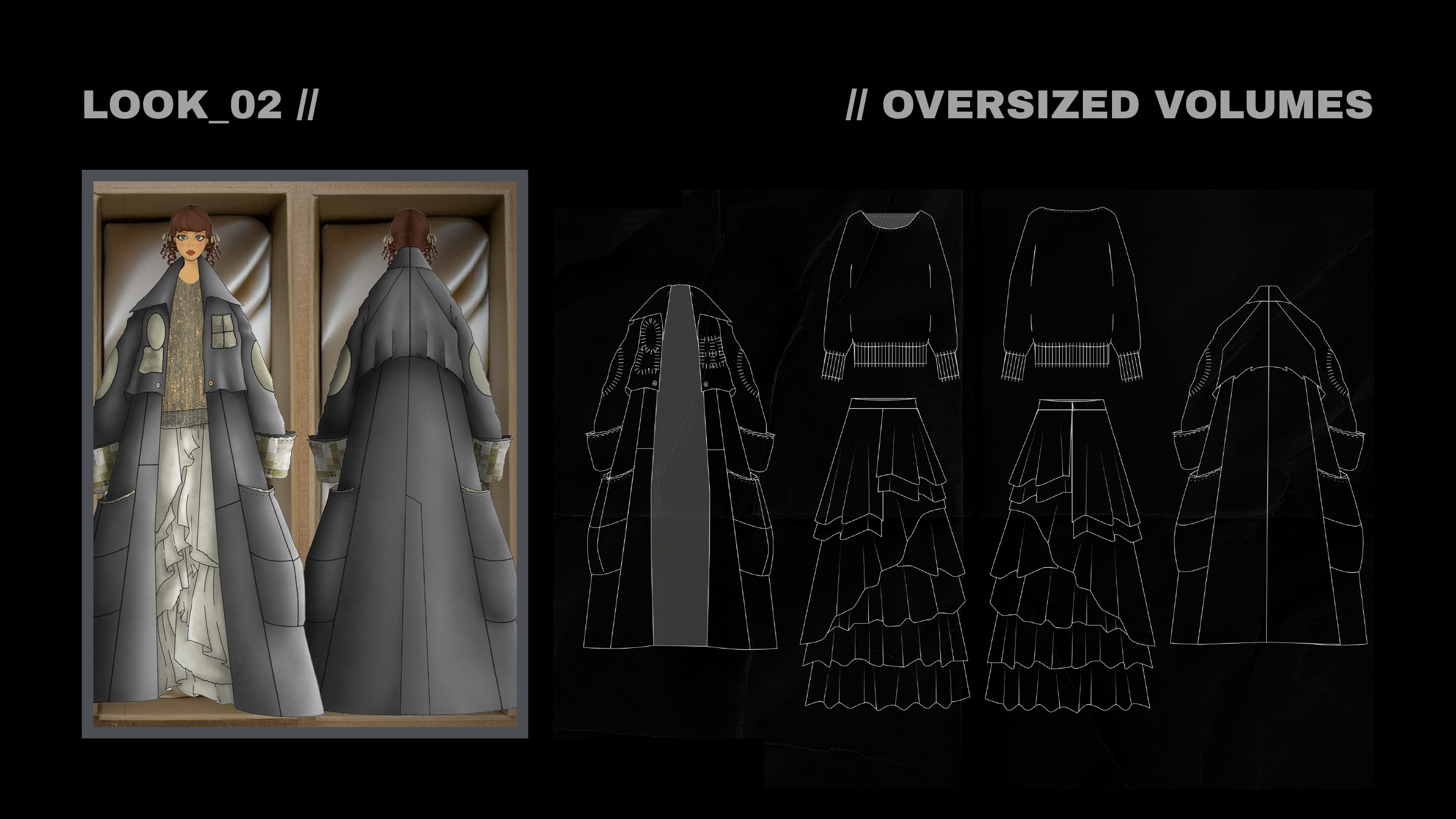 Look 02 Oversized Volumes: long grey patch-pocket coat over tiered skirt with knitwear technical flats