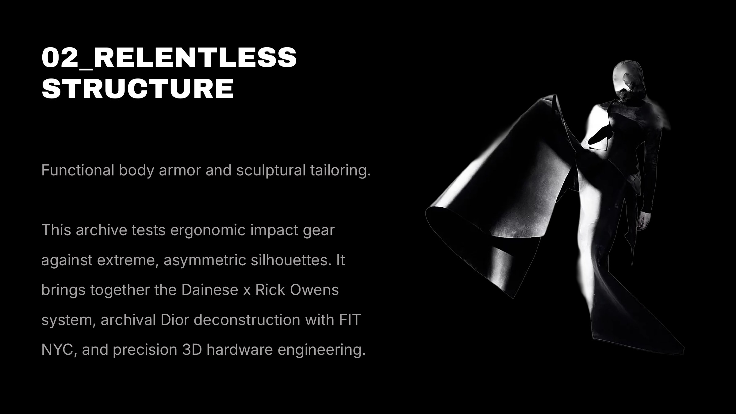 Relentless Structure cover: black sculptural outerwear silhouette with cape-like draped panels on a black ground