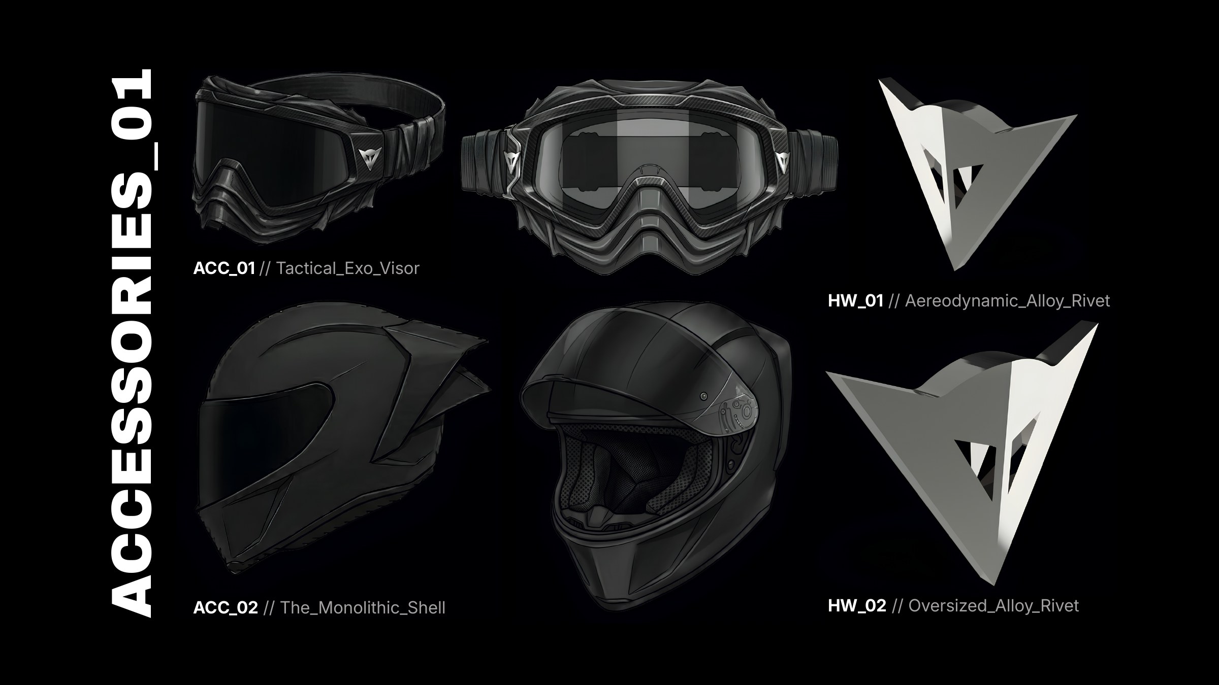 Accessories board: carbon tactical goggles, matte black full-face helmet renders and oversized alloy rivet hardware
