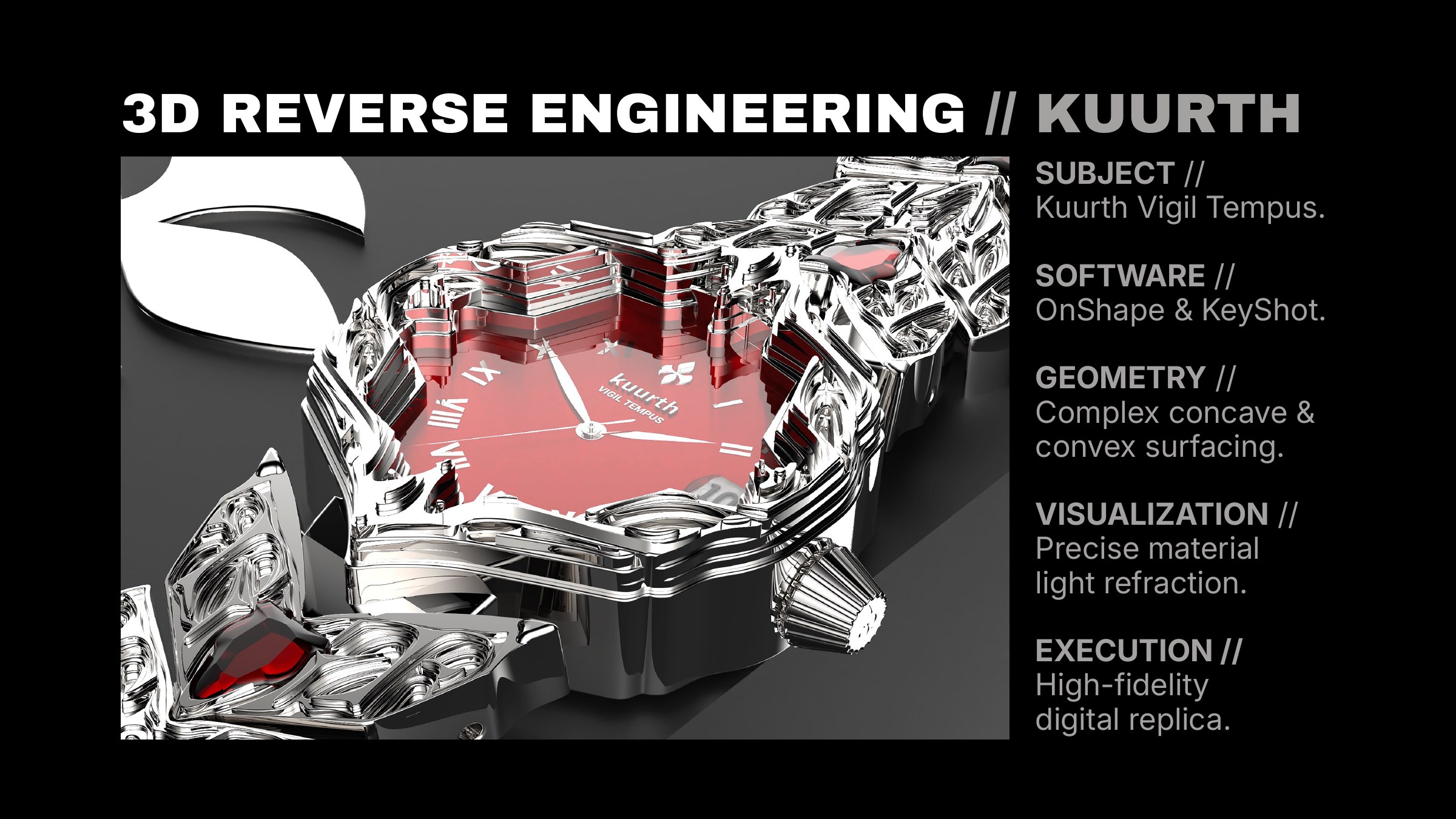 3D reverse engineering of the Kuurth Vigil Tempus watch: chrome case with red dial rendered in OnShape and KeyShot