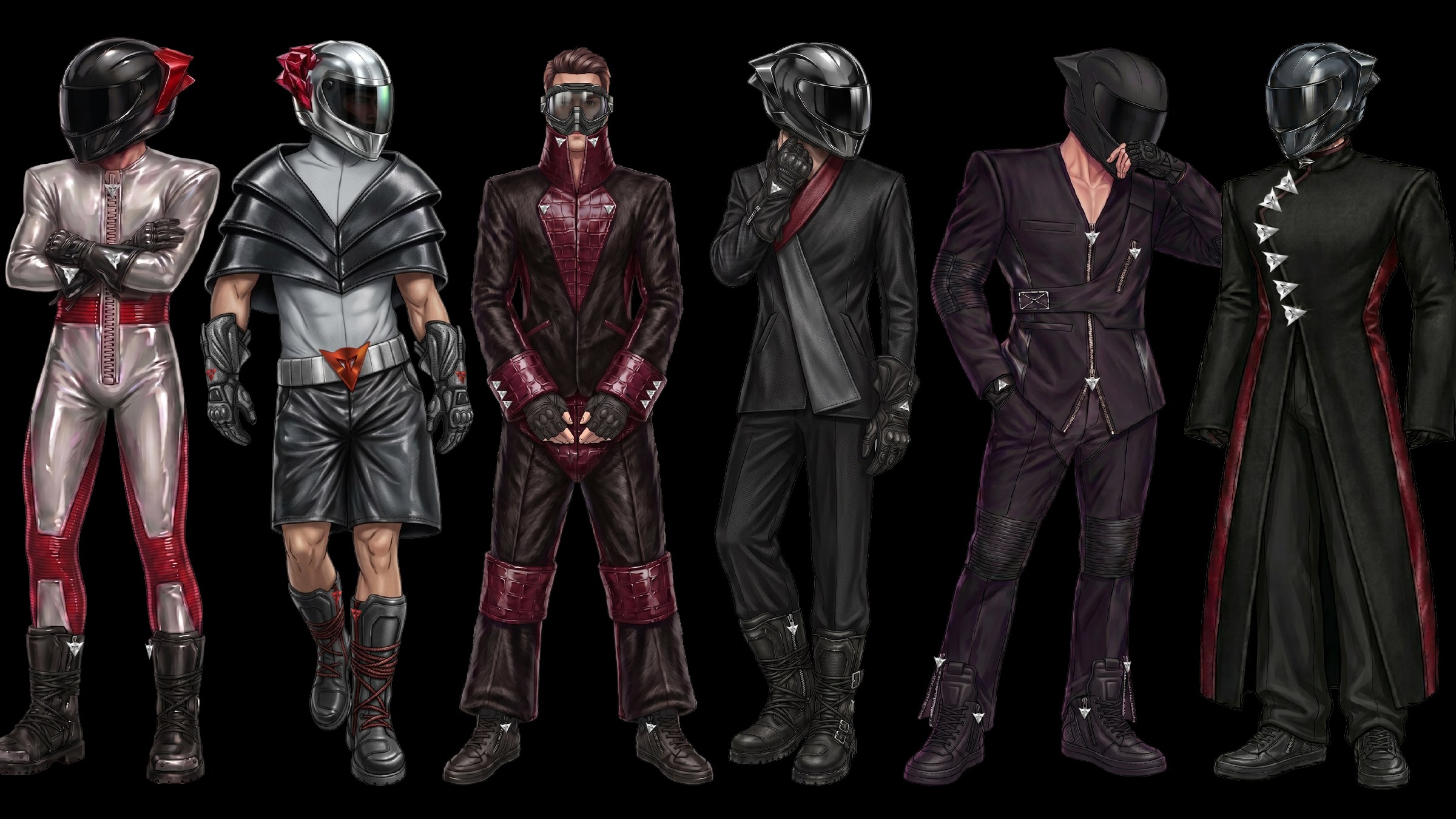 Illustrated line-up of six motorcycle-inspired looks: helmets, leather shoulder armor, crocodile-embossed suits and long red-lined coats