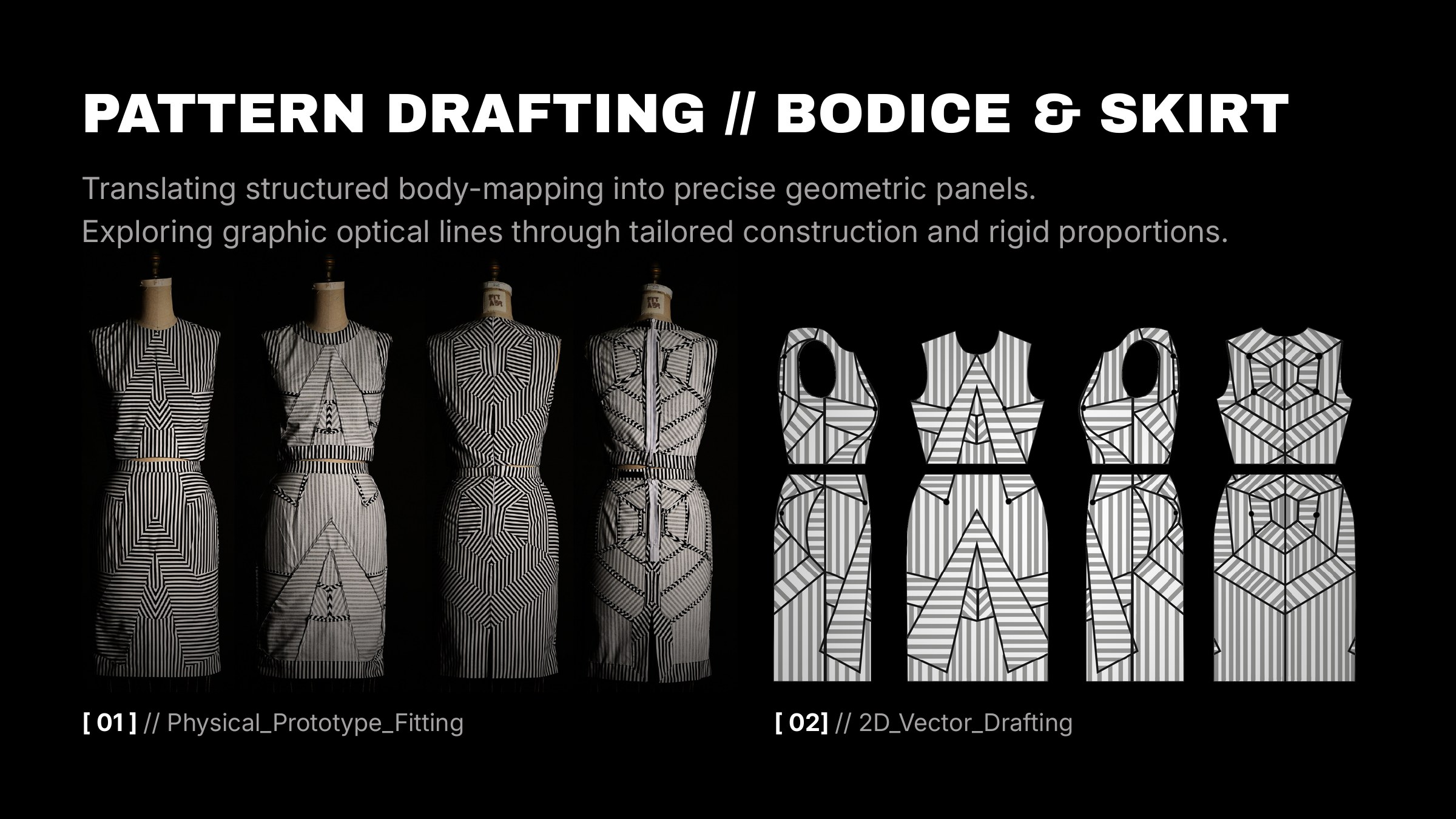 Pattern drafting of a striped bodice and skirt: four dressform views of the optical-stripe two-piece next to 2D vector panel drafting