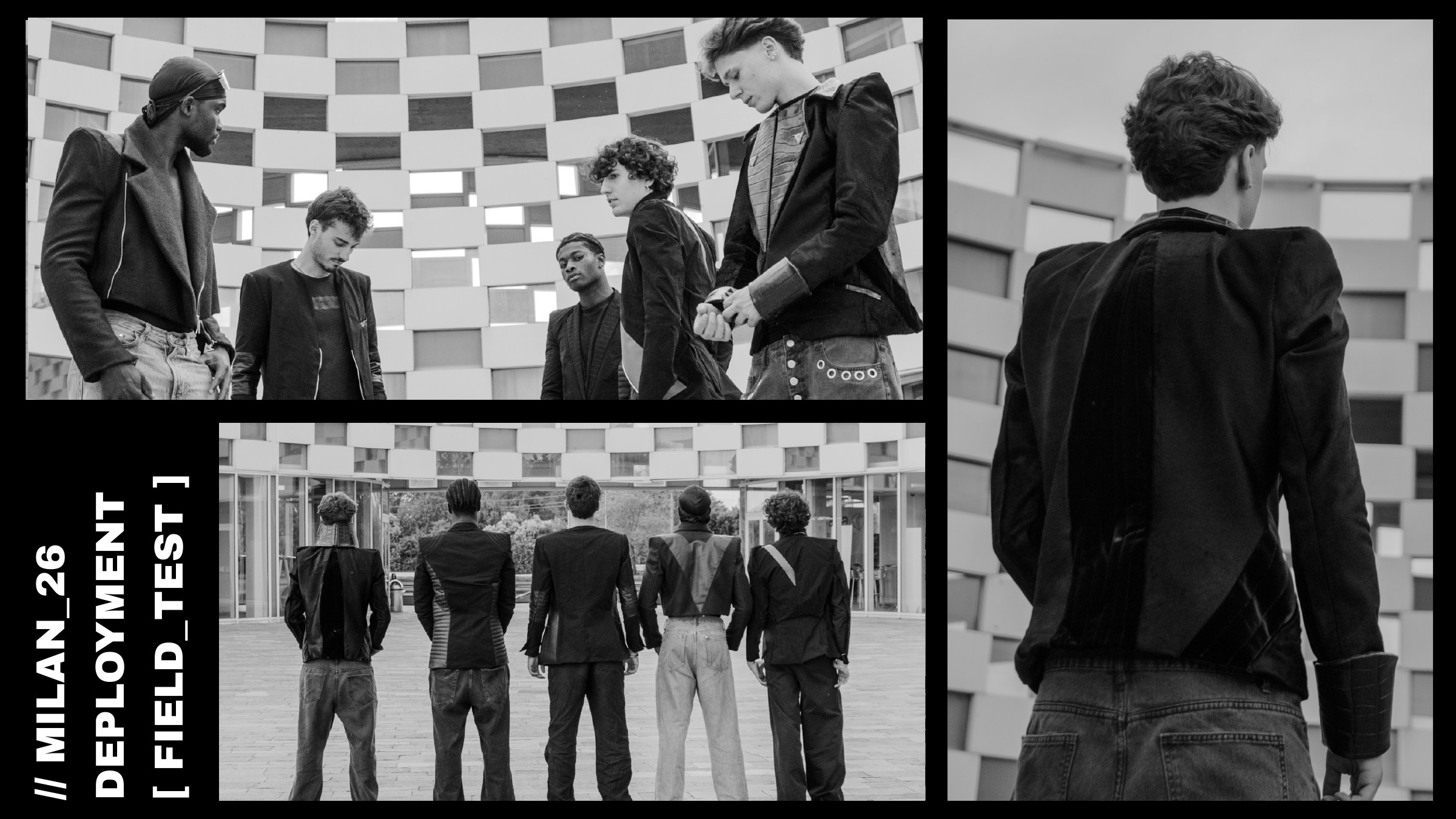 Milan field test: models in black leather-and-denim looks photographed from behind at the Politecnico di Milano campus