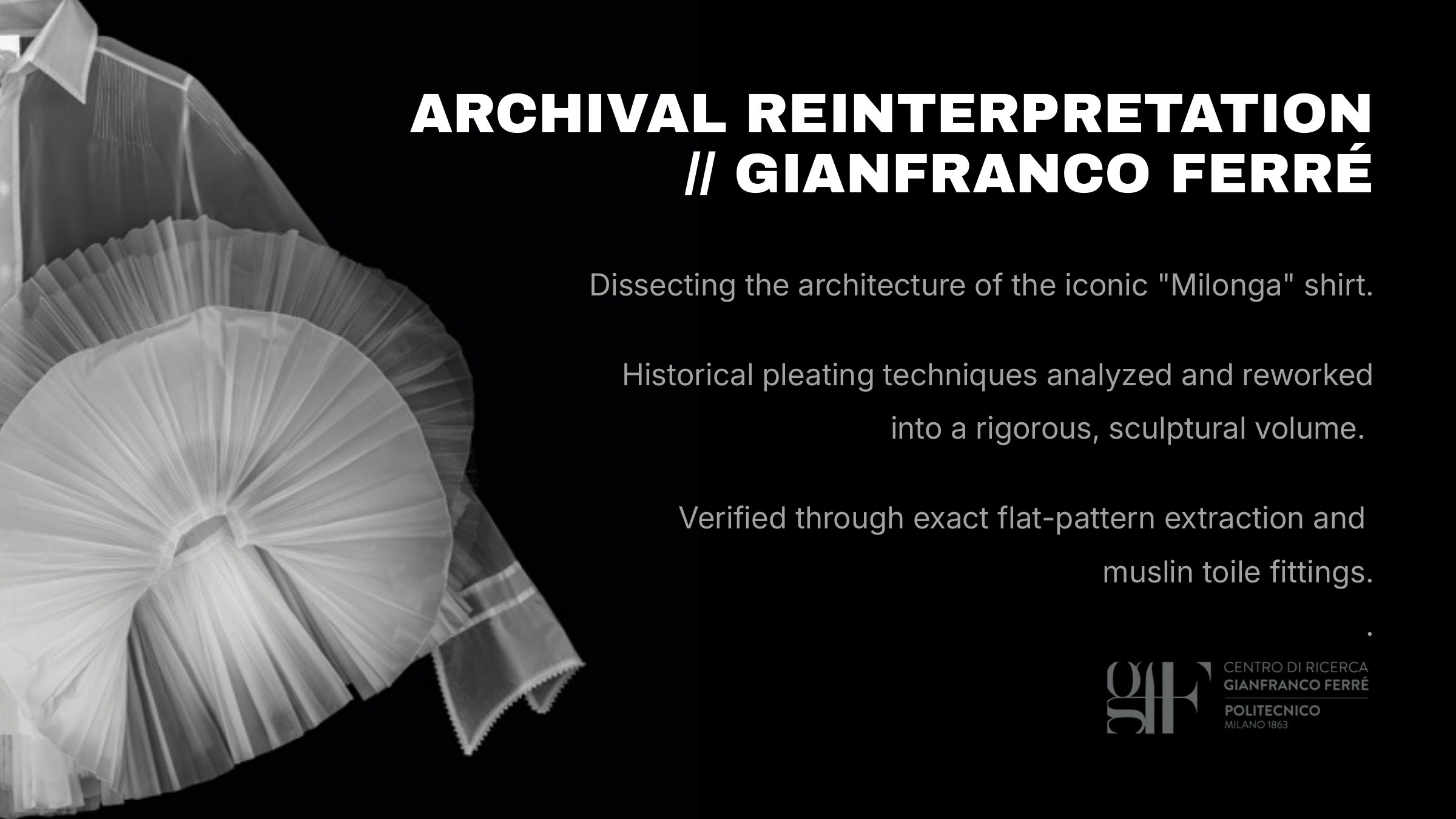 Archival reinterpretation of the Gianfranco Ferré Milonga shirt: black-and-white photo of a white poplin shirt with a large fan-pleated organza rosette