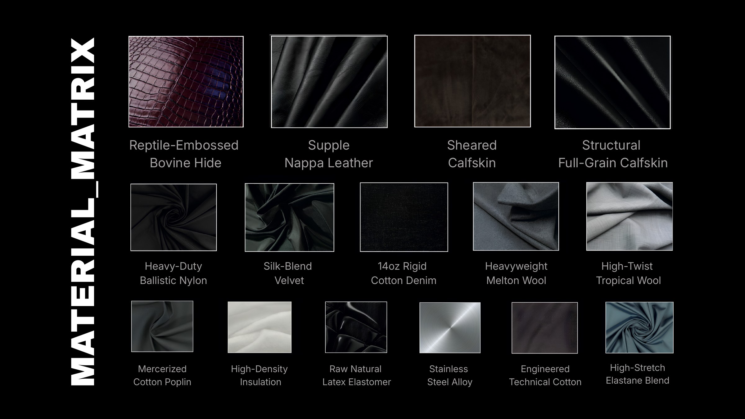Material matrix board: reptile-embossed bovine hide, nappa leather, calfskin, ballistic nylon, velvet, denim, melton wool and steel swatches