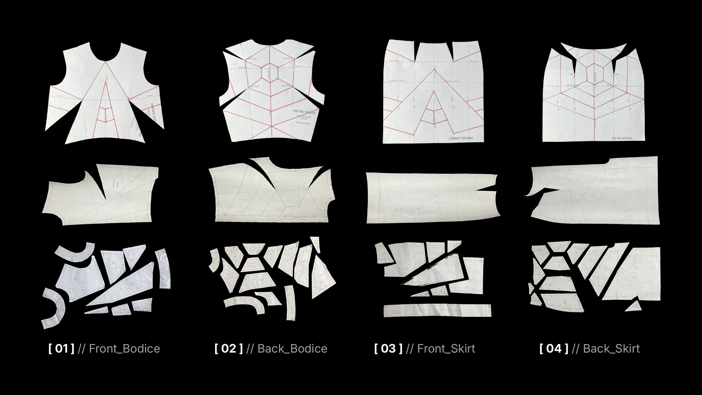 Paper pattern archive: front and back bodice and skirt blocks with red construction lines, plus cut and separated pattern segments on black