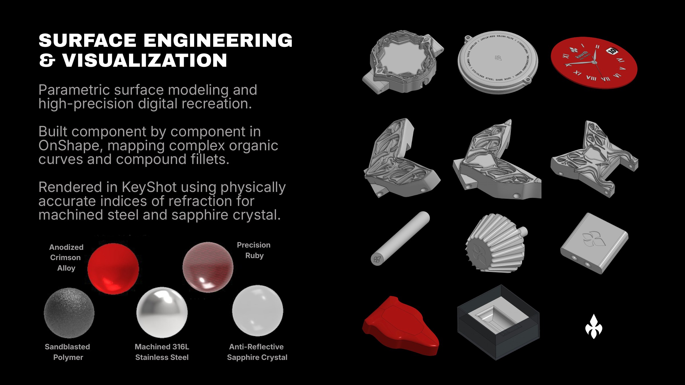 Surface engineering board: CAD watch components with anodized crimson alloy, ruby, stainless steel and sapphire material spheres