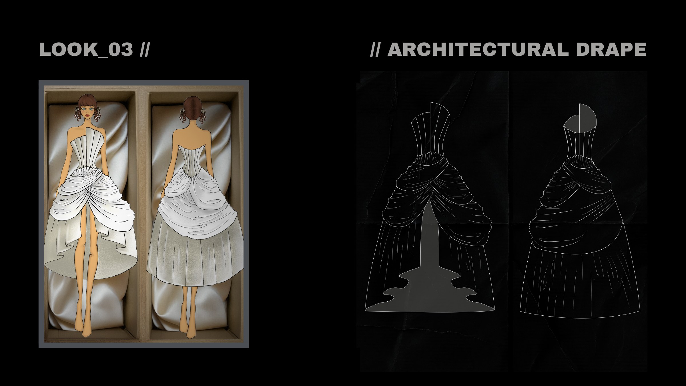Look 03 Architectural Drape: corseted strapless gown with draped ivory volumes and pleated underskirt flats