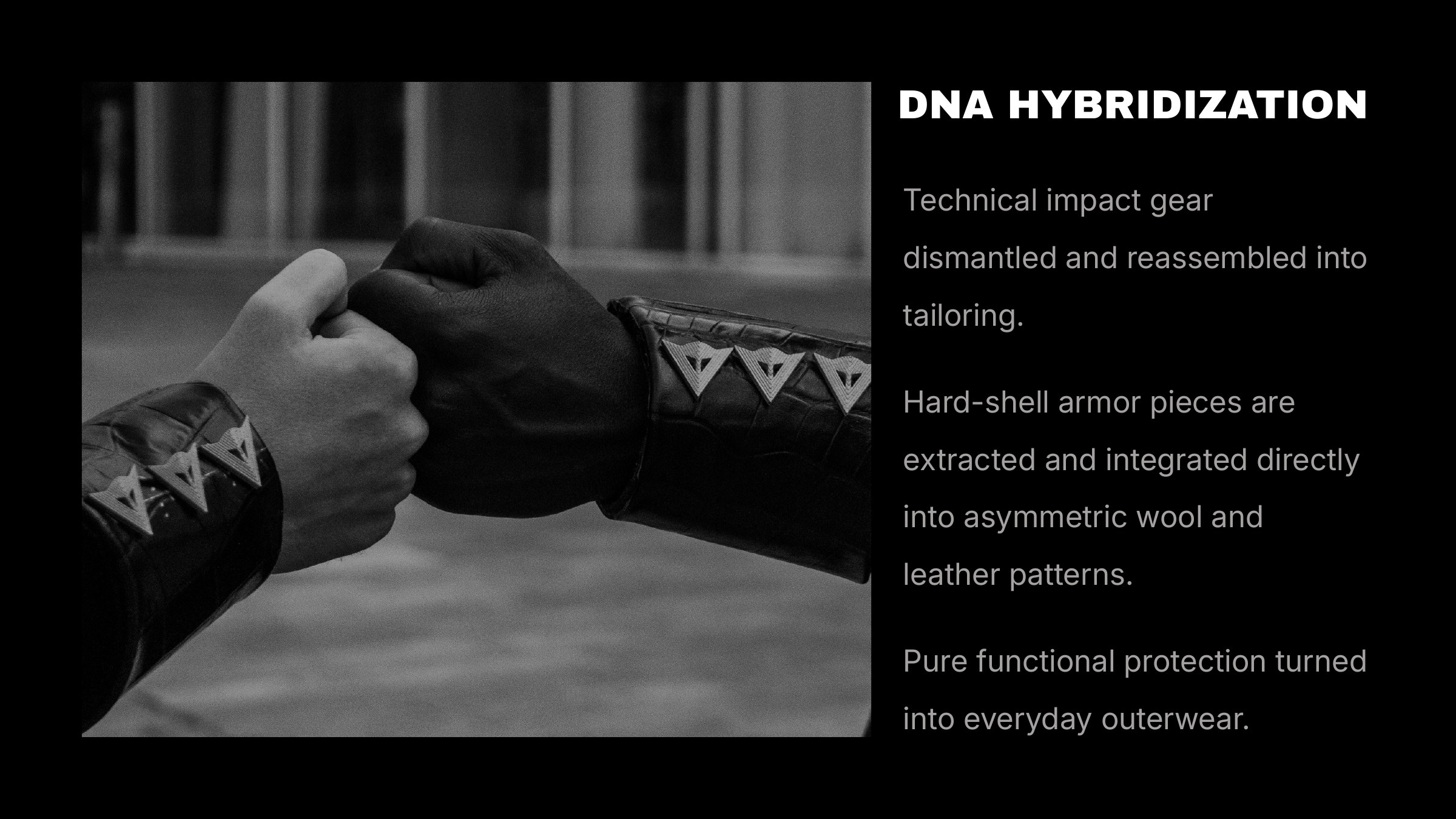 DNA Hybridization: close-up of two fist-bumping hands wearing crocodile leather gauntlet cuffs with metal triangle studs
